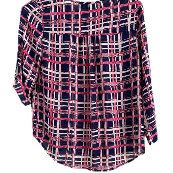 PaperMoon Stitch Fix XSP Navy pink pullover semi sheer, pockets, roll sleeve EUC - Picture 2 of 8